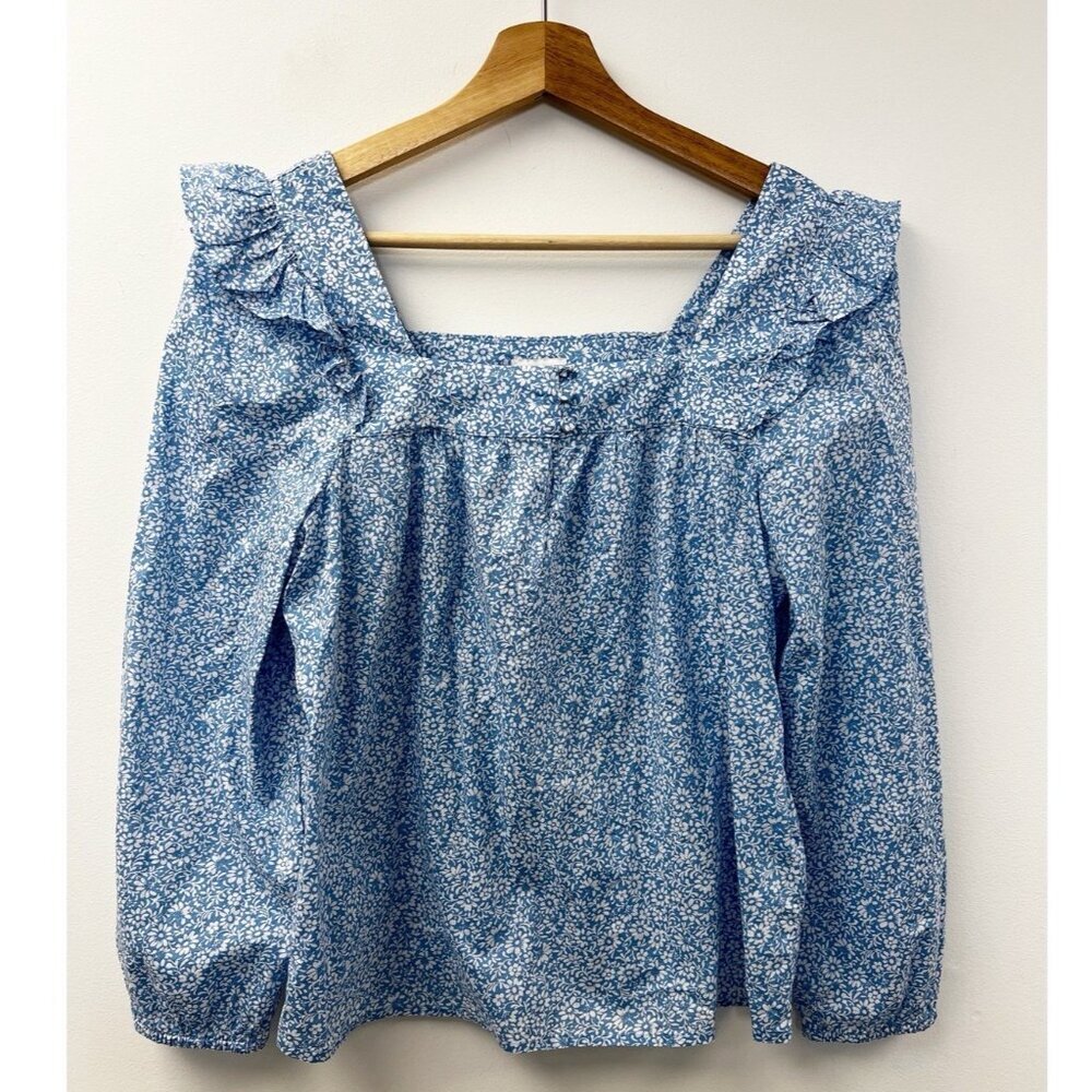 J.Crew Blue Cotton Floral Squareneck Ruffle Top peasant Cottage Core Cottagecore